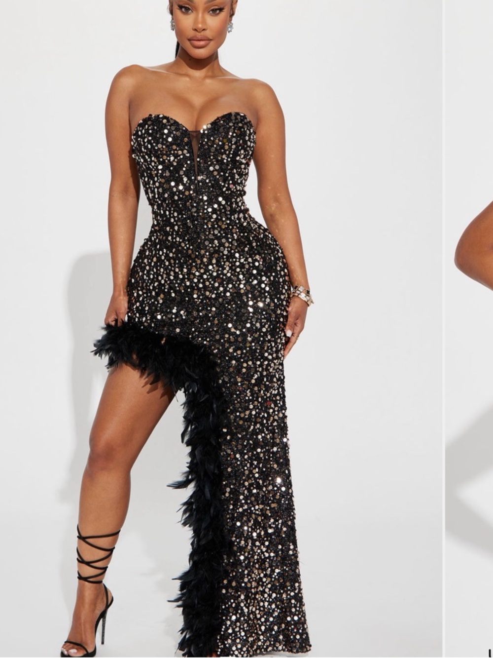 Black Sequin Gown with Feather Trim